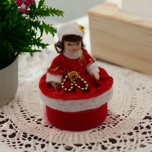 Brownish Hair Red Doll Trinket Box Miniature Christmas Porcelain Seasonal